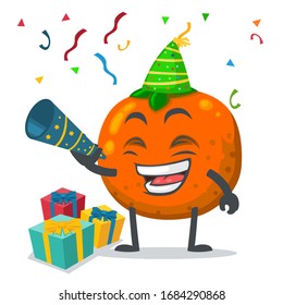 Vektorillustration-Illustration von Maskottchen oder orangefarbenen Fruchtcharakter feiert Neujahrsfeier