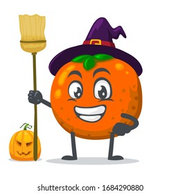 vector illustration of mascot or orange fruit character wearing witch costume and holding broom