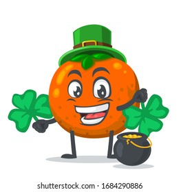 vector illustration of mascot or orange fruit character wearing shamrock hat