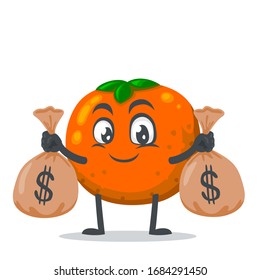 ilustración vectorial de caracter de mascota o de fruta naranja que contiene sacos de dinero