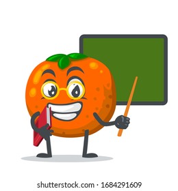 ilustración vectorial de la enseñanza de caracter de mascota o de frutas anaranjadas delante de la pizarra