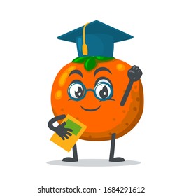 ilustración vectorial de la graduación del sombrero y del libro de retención de mascotas o frutas anaranjadas