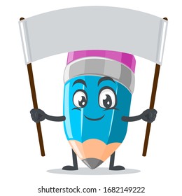 vector illustration of mascot or pencil character holding blank white banner