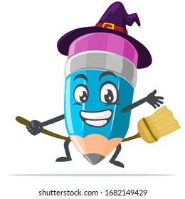 vector illustration of mascot or pencil character wearing witch costume and ride flying broom