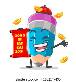 vector illustration of mascot or pencil character red scroll and says happy chinese new year