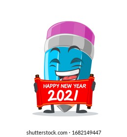 vector illustration of mascot or pencil character holding red scroll and says happy new year 2021