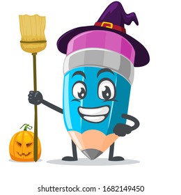 vector illustration of mascot or pencil character wearing witch costume and holding broom