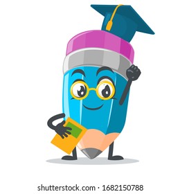 vector illustration of mascot or pencil character graduation hat and holding book