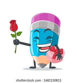 vector illustration of mascot or pencil character give flower and holding pink gift