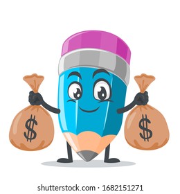 vector illustration of mascot or pencil character holding sacks of money