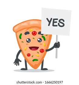 vector illustration of mascot or pizza character holding sign says yes