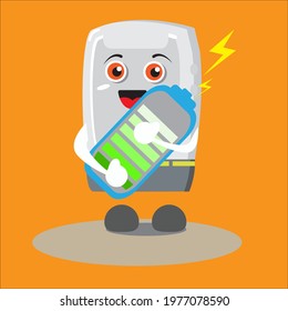 Vector illustration of a mascot smartphone or cellphone holding a battery, suitable for cellphone shops, smartphone shops, for mascot cellphone shop websites, online shops, electronic products, etc.