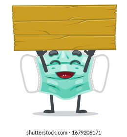 vector illustration of mascot or surgical mask character holding blank wooden