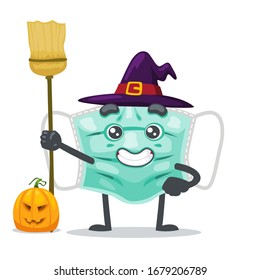 vector illustration of mascot or surgical mask character wearing witch costume