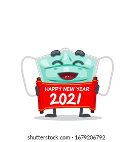 vector illustration of mascot or surgical mask character holding red scroll says happy new year 2021