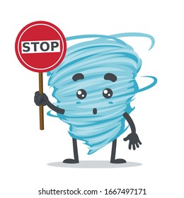 vector illustration of mascot or tornado character holding sign says stop