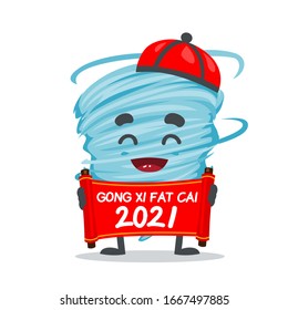 vector illustration of mascot or tornado character holding red scroll says happy chinese new year 2021
