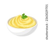 Vector illustration, mashed potatoes in a bowl, isolated white background.