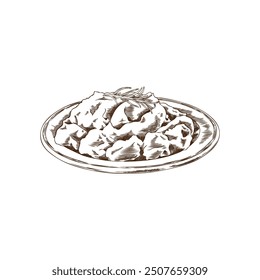 Vector illustration of mashed sweet potatoes with a sprig of rosemary on a plate on a white background. The black and white sketch is ideal for dietary meals