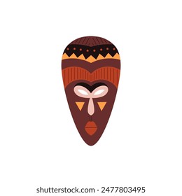 Vector illustration with a mask of African tribes, ritual drawings on faces with ethnic patterns and totem elements highlighted on a white background.