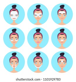 Vector illustration of mask patches for different zones of face, like forehead, nose, lips, under eye, chin and eyelids. Skincare anti-wrinkle products application. 