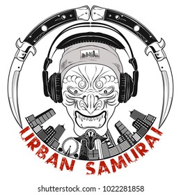 Vector illustration of a mask of the Samurai in a knitted cap and earphones surrounded with knives, against the background of a city landscape and an inscription the urban samurai.  Vector color.