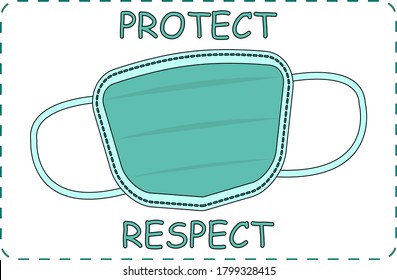 Vector illustration of a mask with the text PROTECT RESPECT. Poster for the classroom.  Back to school 2020. Students and teachers responsibility. Wear a mask. Covid-19 prevention