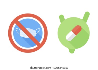 Vector illustration. Mask and vaccine. Two icons symbolize the victory over the coronavirus