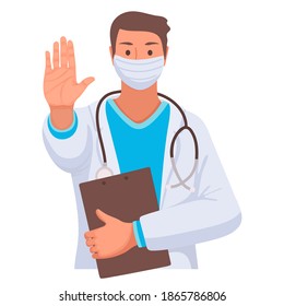 Ilustración vectorial, personaje de caricatura de un doctor enmascarado aislado de fondo blanco, trabajador de hospital con máscara dice No, médico masculino que muestra gesto de paro con palma, signo de advertencia, signo de prohibición