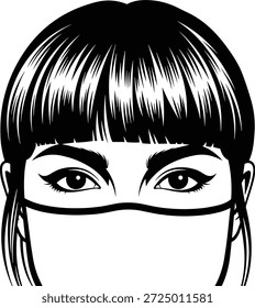 Ilustración vectorial de icono de cara enmascarada con ojos expresivos, cabello liso, detalle de perfil, símbolo de salud y diseño moderno