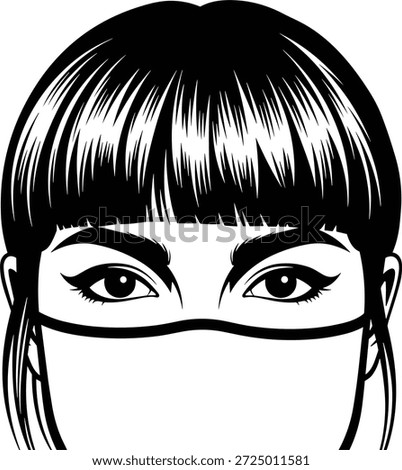 Vector illustration of masked face icon with expressive eyes, straight hair, profile detail, health symbol, and modern fashion design
