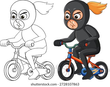 Vector illustration of masked female robber riding small bicycle, bold colors, cartoon style, side view