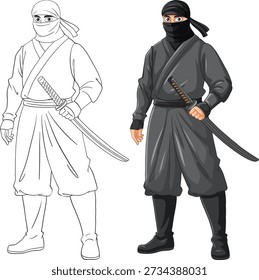 Ilustración vectorial de un ninja enmascarado sosteniendo una katana en versiones de colores y contornos