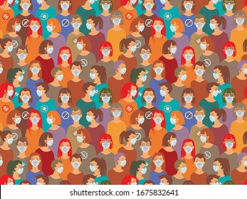 Vector illustration of masked people. Coronavirus. Wear a mask. Stop the coronavirus. Humanity in masks pattern