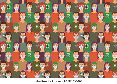 Vector illustration of masked people. Coronavirus. Wear a mask. Stop the coronavirus. Humanity in masks pattern
