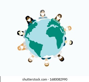 
Vector illustration with masked people who stand around the planet. Symbol of Covid-2019. Women and men of different races are next to each other.