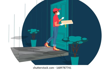 Vector illustration of a masked pizza delivery guy holding a box of pizza in one box