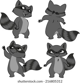 Vector illustration of a masked raccoon in 4 different poses.