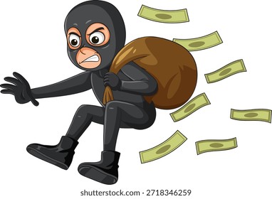 Ilustración vectorial del ladrón enmascarado que escapa con el bolso del dinero, billetes que vuelan, estilo audaz de la historieta