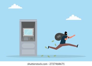 Ilustración vectorial de un ladrón enmascarado que huye con dinero robado después de un robo en un cajero automático, que representa delito, robo, robo, fuga, peligro y aplicación de la ley
