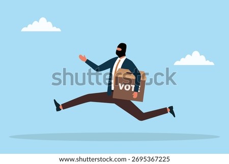 Vector illustration of a masked thief running away with a ballot box, symbolizing election fraud, vote theft, corruption, and political crime concept
