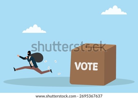 Vector illustration of a masked thief running away from a ballot box with a sack, symbolizing vote theft, election fraud, or political corruption
