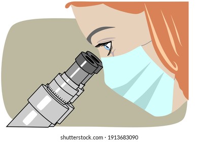 Vector illustration of a masked woman scientist doctor laboratory assistant nurse medical specialist looks through a microscope. It represents a concept of laboratory work, medical research, vaccine.