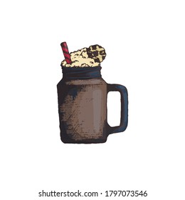 Vector illustration of Mason jar with coffee and foam drawn by hand and in color. Christmas design or eco-friendly cafe, menu or icon