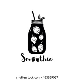 Vector illustration with mason jar. Strawberry smoothie. Healthy food concept. 