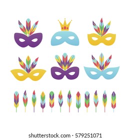 Vector illustration, masquerade and carnival masks set. Mardi gras design element.