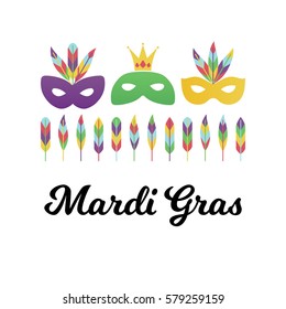 Vector illustration, masquerade and carnival masks and feathers set. Mardi gras design elements.