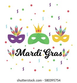 Vector illustration OF masquerade and carnival masks and feathers. Mardi gras design elements.