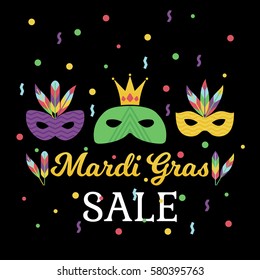 Vector illustration OF masquerade and carnival masks and feathers. Mardi gras sale design elements.