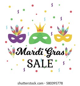 Vector illustration OF masquerade and carnival masks and feathers. Mardi gras sale design elements.